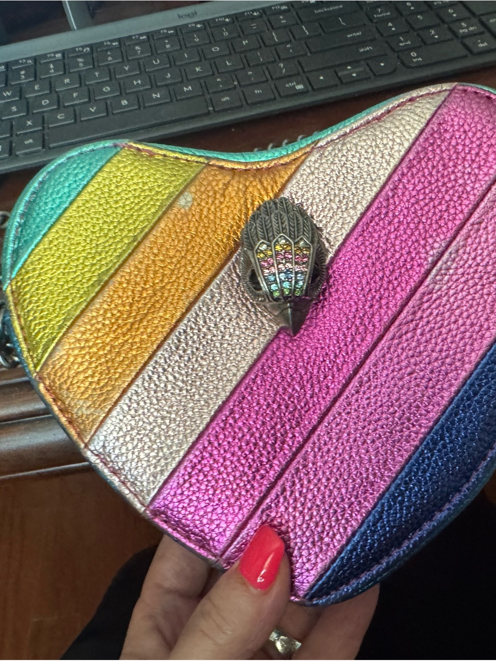 Kurt Geiger Metallic Rainbow Heart Clutch in Pink, Gold, Blue, Green
